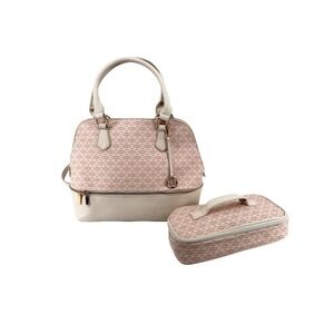IMAN Women Cream Blush Geometric Logo Satchel Handbag and Cosmetic Case 2pc Set